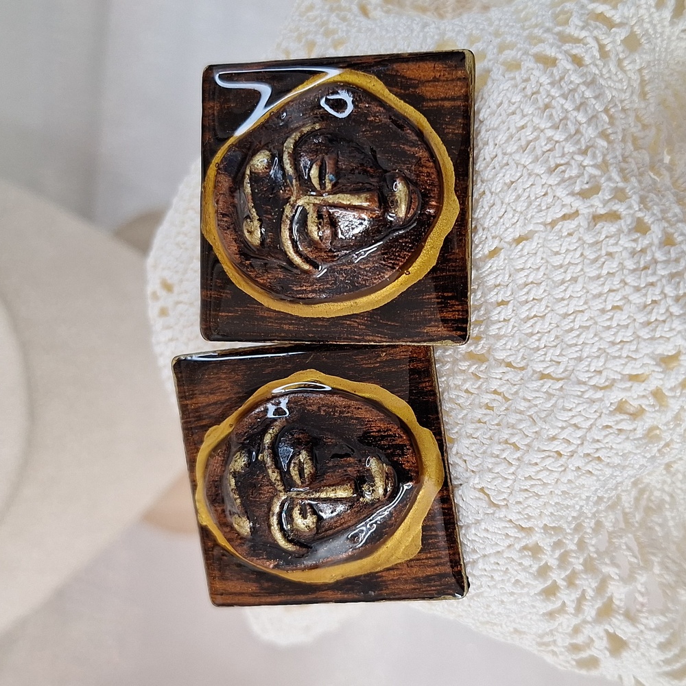 Vintage Mysterious Dome Face Artisan Clip On Earrings Gold and Brown Tones